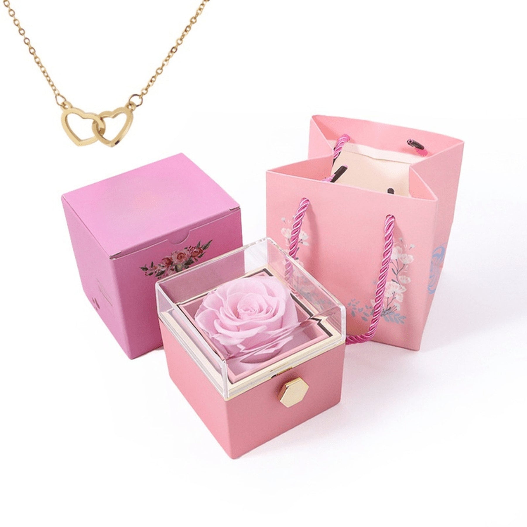 Rosa Eterna & Colar Luxo Dois Corações - Bela & a Fera