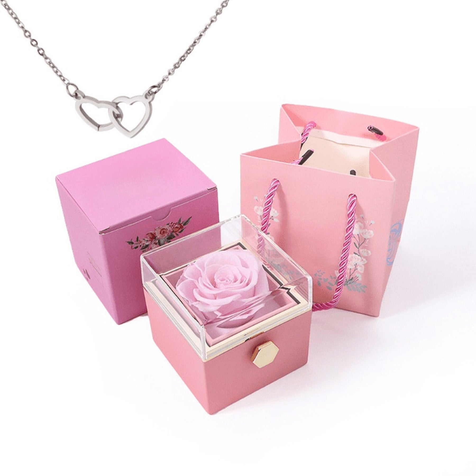 Rosa Eterna & Colar Luxo Dois Corações - Bela & a Fera