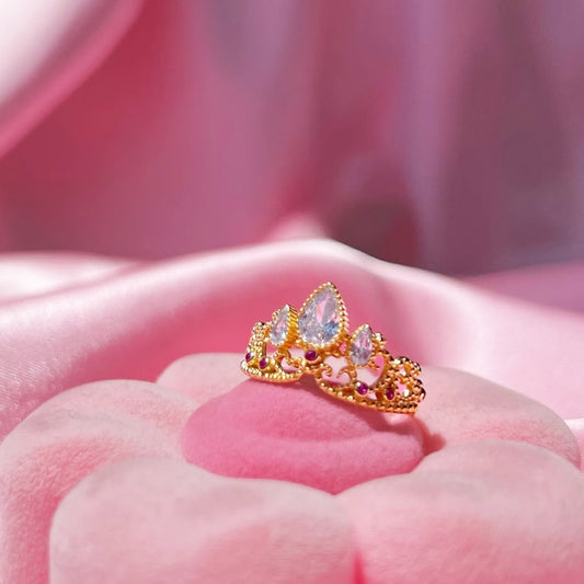 Anel Luxo Feminino Coroa da Rapunzel Ajustável com Banho de Ouro