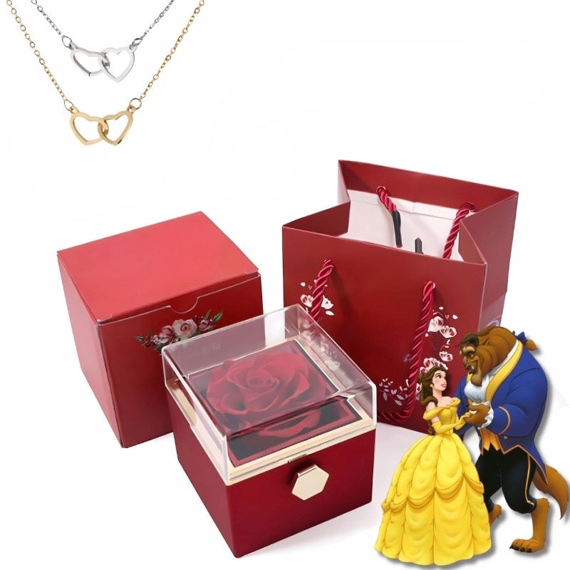 Rosa Eterna & Colar Luxo Dois Corações - Bela & a Fera