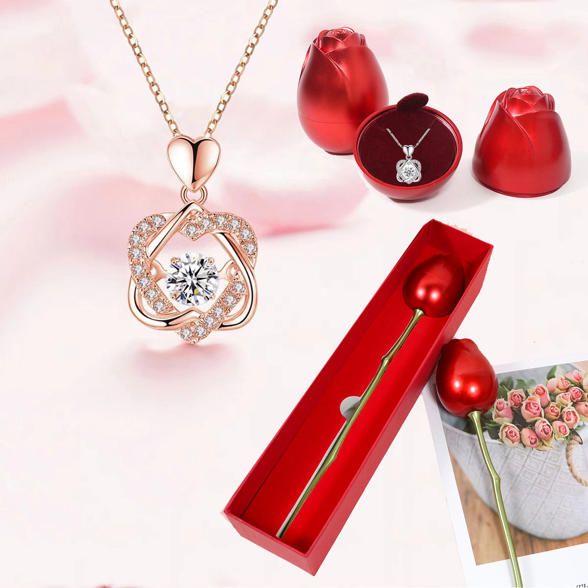 Colar Coração com Rosa Eterna da Bela e a Fera