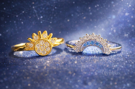 Anéis Sol e Lua Brilhantes - com Banho de Ouro